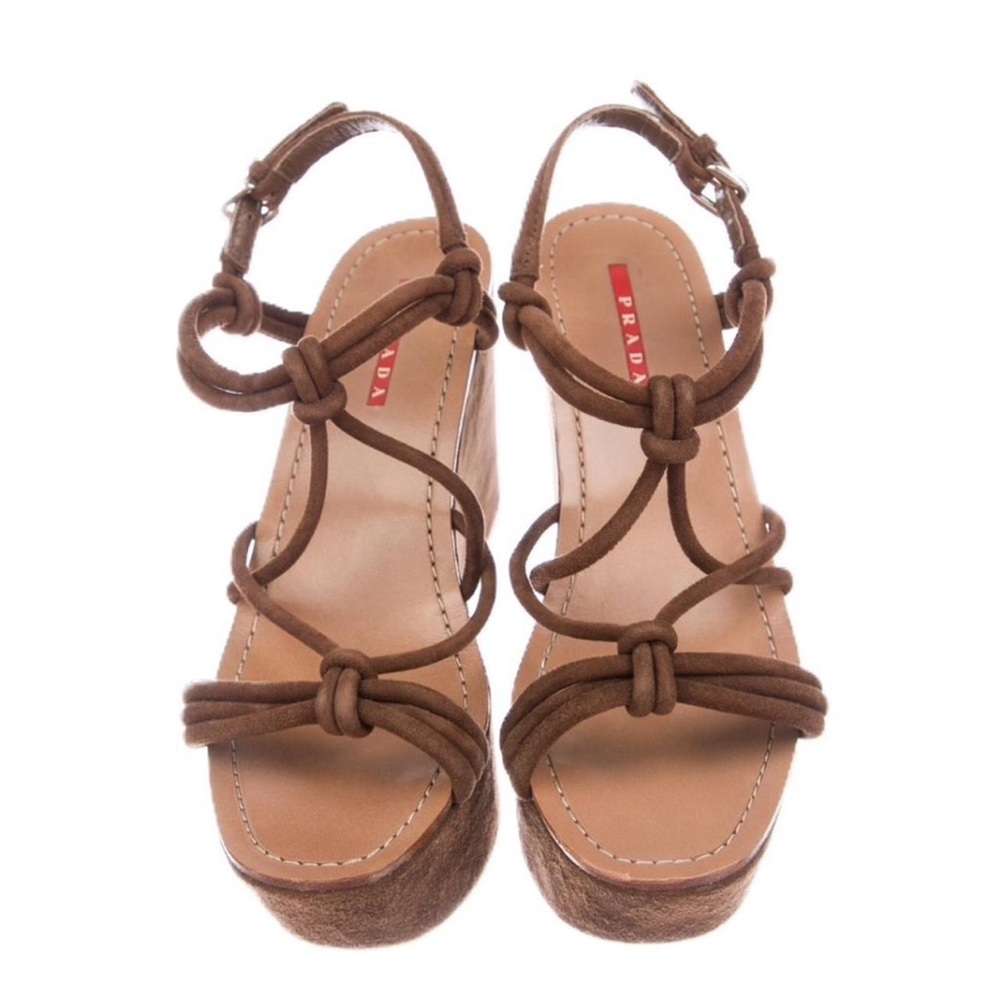 Prada brown suede platform wedge rope strap sandals